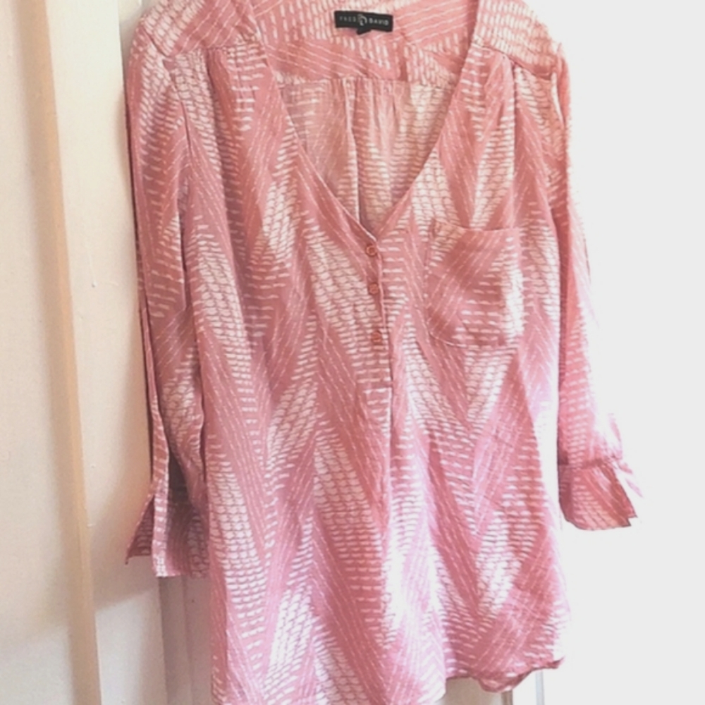 Fred David pink white print V neck blouse SZ L